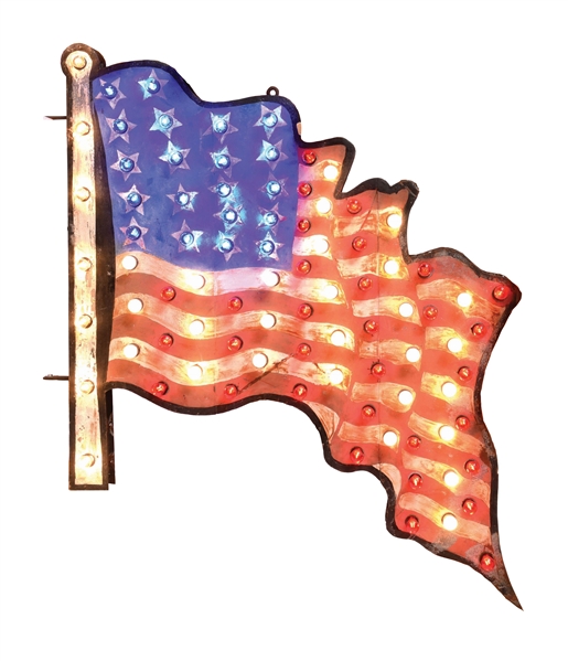 DOUBLE-SIDED BLINKING LIGHT-UP AMERICAN FLAG SIGN.