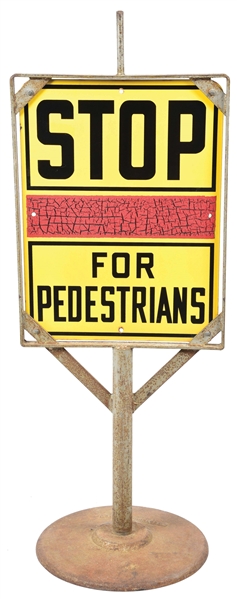 "STOP FOR PEDESTRIANS" PORCELAIN SIGN & ORIGINAL STAND W/ "WESTERN HIGHWAY, MAYWOOD, CALIF." EMBOSSED BASE.