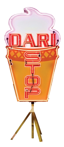 DOUBLE-SIDED TIN DARI STOP NEON SIGN W/ ICE CREAM CONE GRAPHIC.