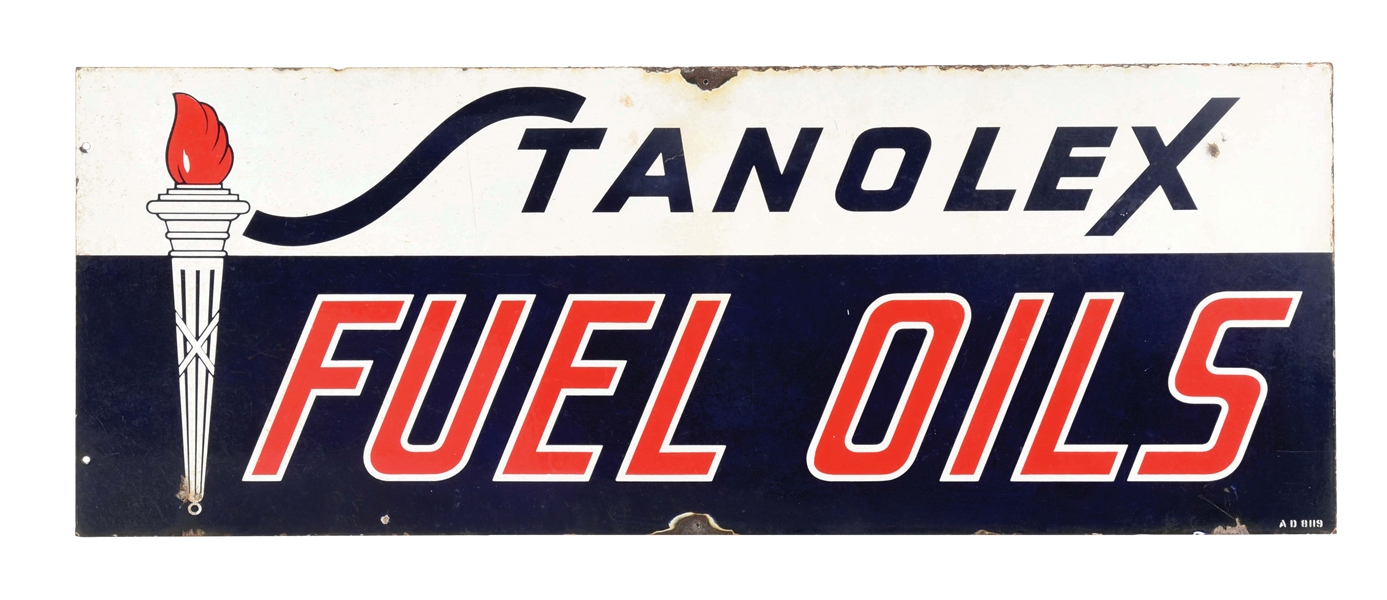 UNIQUE STANOLEX FUEL OILS PORCELAIN SIGN W/ TORCH GRAPHIC.