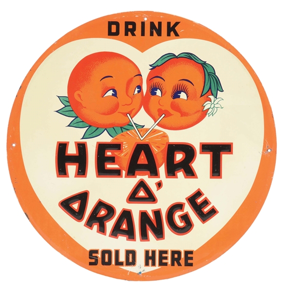 HARRISONS "DRINK HEART ORANGE SOLD HERE" EMBOSSED TIN SIGN.