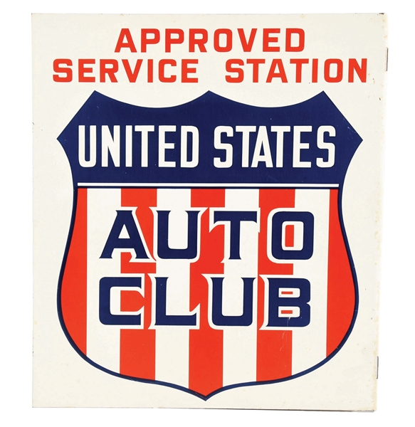 UNITD STATES AUTO CLUB APPROVED SERVICE STATION PAINTED METAL FLANGE SIGN W/ SHIELD GRAPHIC.