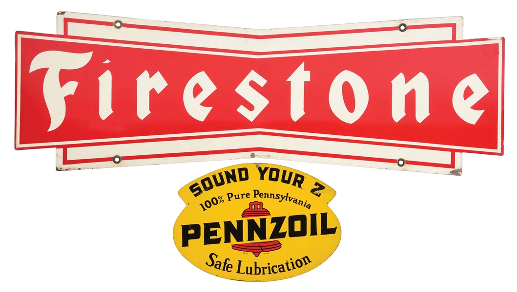 COLLECTION OF 2: FIRESTONE & PENNZOIL BRANDED PAINTED METAL SIGNS.