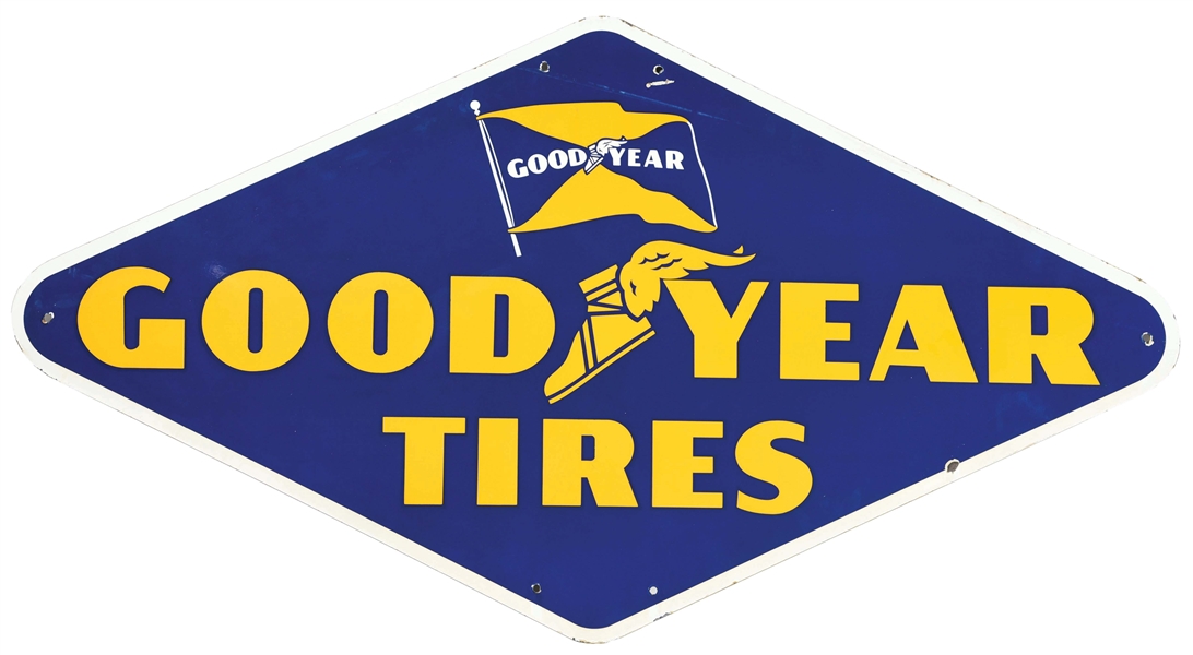 GOODYEAR TIRES DIE-CUT PORCELAIN SIGN W/ WINGED FOOT GRAPHIC.