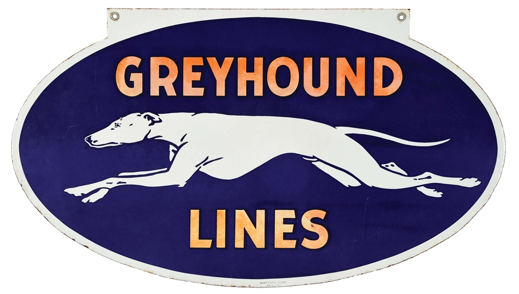 PORCELAIN GREYHOUND BUS LINES SIGN W/ DOG GRAPHIC.