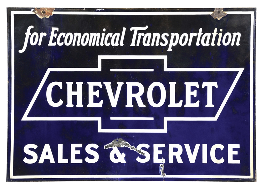 CHEVROLET SALES & SERVICE PORCELAIN SIGN W/ BOWTIE GRAPHIC.