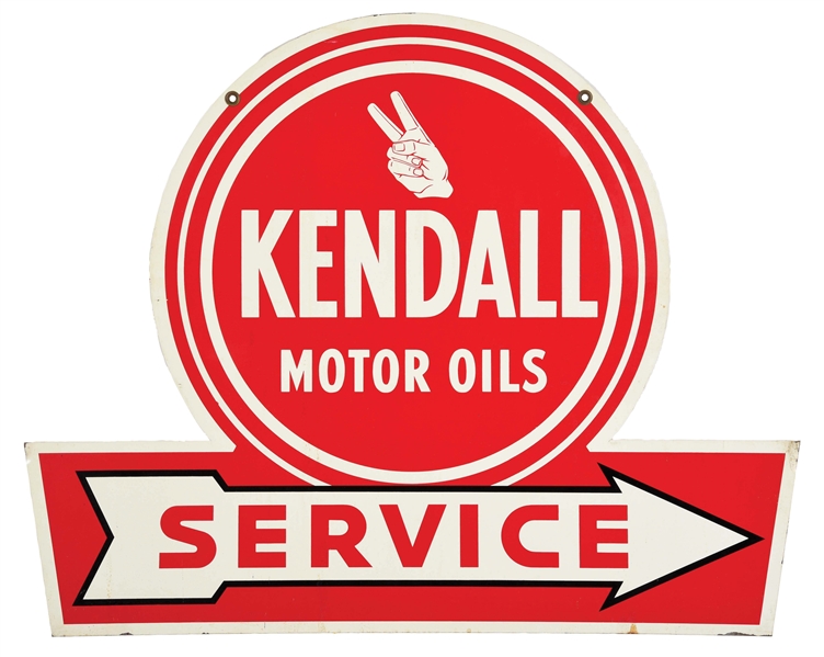 KENDALL MOTOR OIL PAINTED TIN DIE-CUT SERVICE SIGN W/ ARROW GRAPHIC.