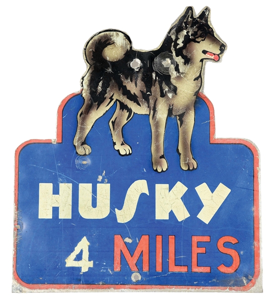 HUSKY SERVICE STATION 4 MILES ALUMINUM HIGHWAY MARKER SIGN.