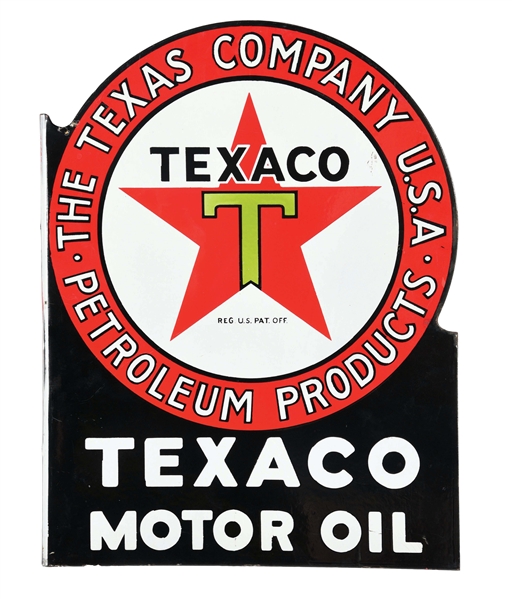 TEXACO MOTOR OIL PORCELAIN FLANGE SIGN W/ ICONIC TEXACO LOGO GRAPHIC.