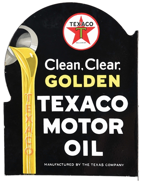 TEXACO MOTOR OIL PORCLEIAN FLANGE SIGN W/ POURING OIL GRAPHIC.