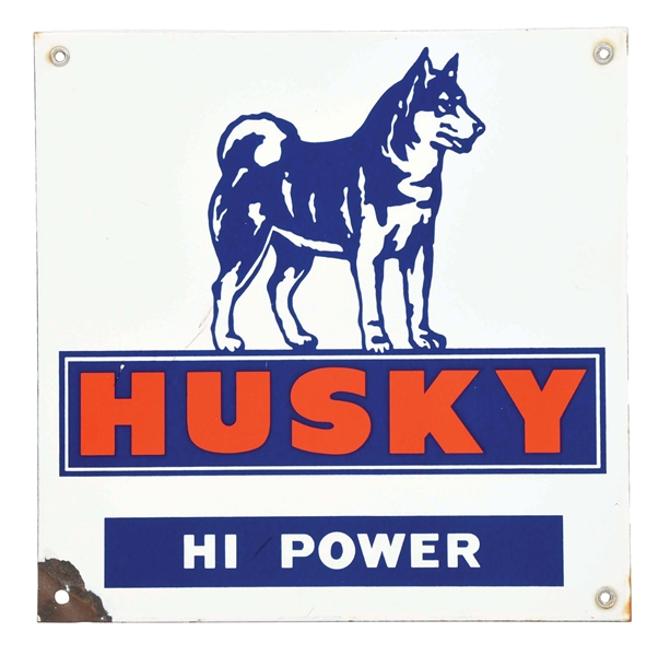 HUSKY HI POWER PORCELAIN PUMP PLATE W/ DOG GRAPHIC.