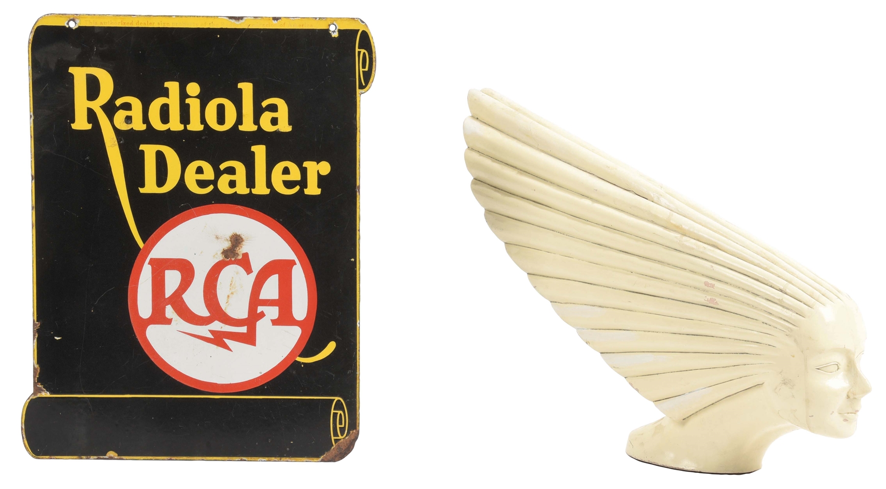 COLLECTION OF 2: FULL-SIZE HOOD ORNAMENT DISPLAY & PORCELAIN RCA SIGN.