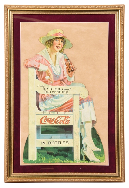 RARE DIE-CUT CARDBOARD COCA-COLA ADVERTISEMENT W/ WOMAN IN CHAIR GRAPHIC.