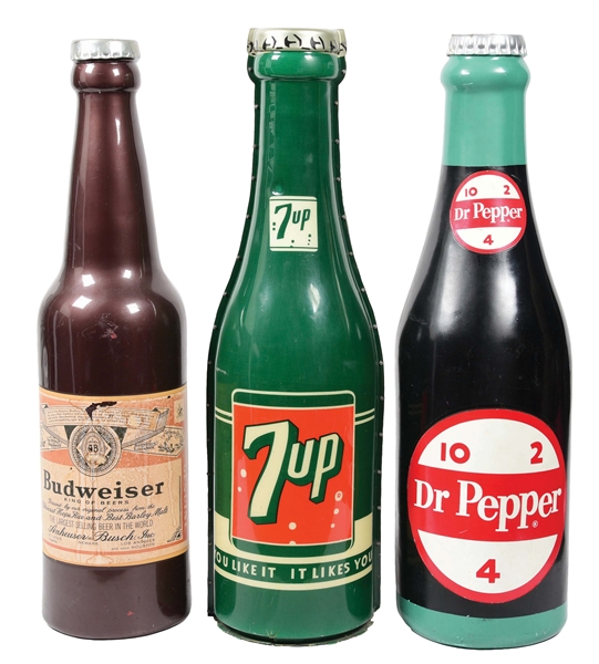 COLLECTION OF 3: PLASTIC BOTTLE DISPLAYS FROM DR PEPPER, 7UP & BUDWEISER.