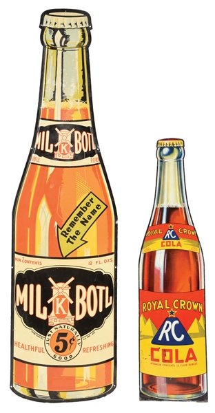 COLLECTION OF 2: EARLY SODA POP DIE-CUT BOTTLE SIGNS.