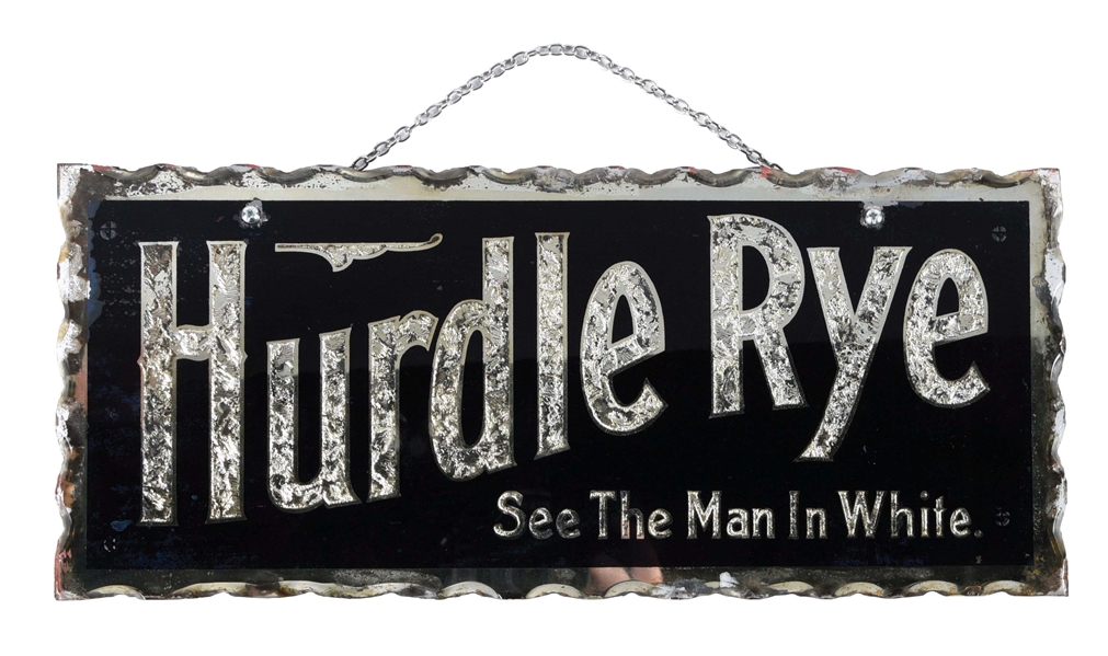 HURDLE RYE REVERSE PAINTED ON GLASS HANGING SIGN.