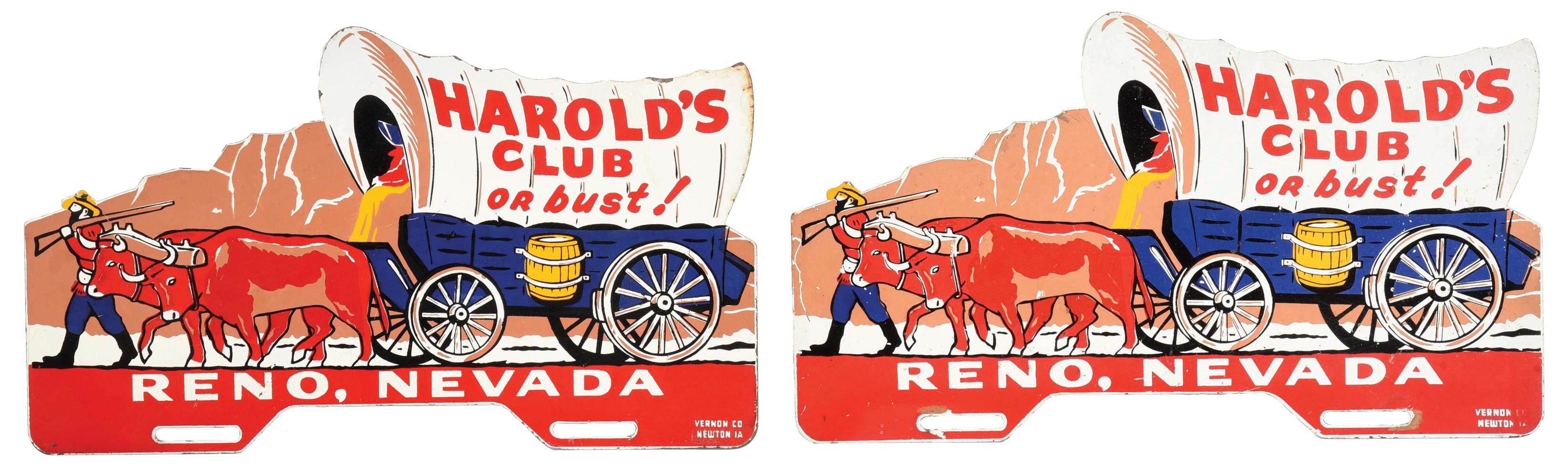 COLLECTION OF 2: "HAROLDS CLUB OR BUST" RENO, NEVADA LICENSE PLATE TOPPERS.