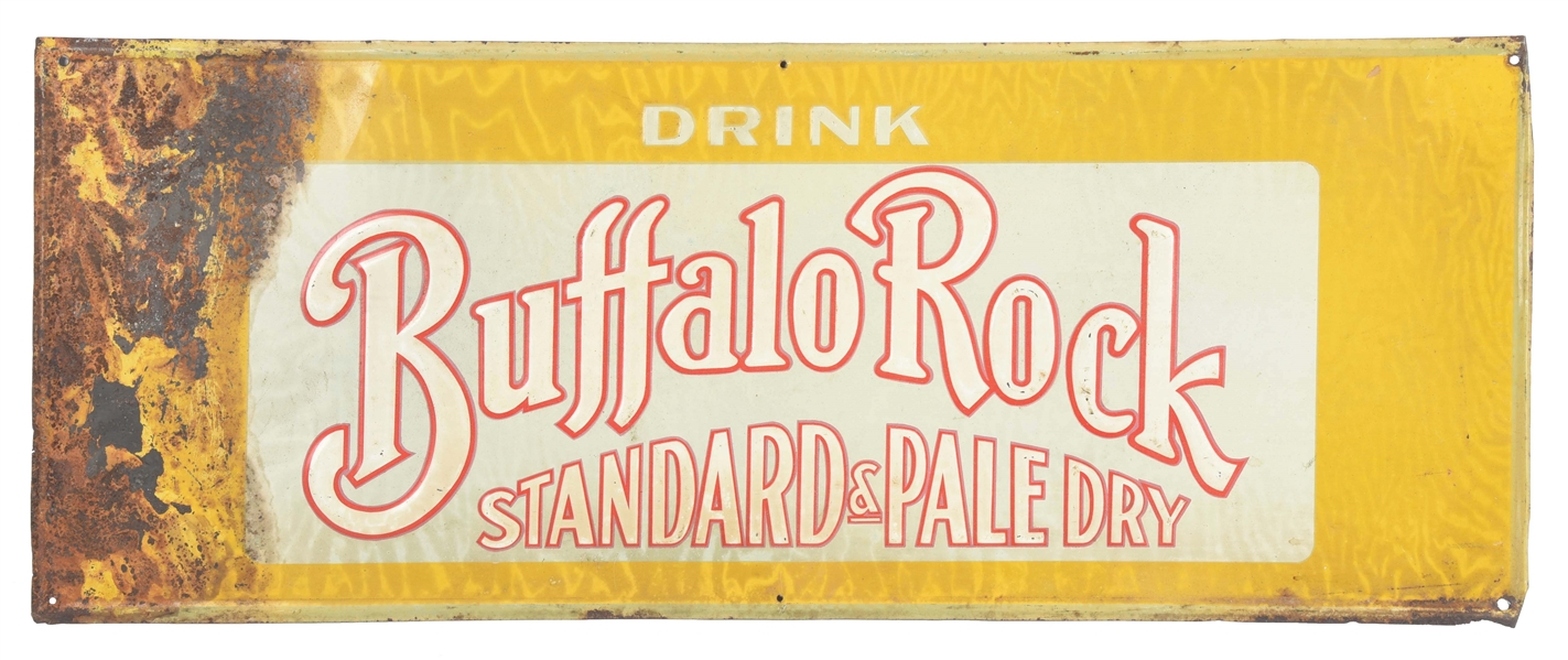 DRINK BUFFALO ROCK STANDARD & PALE DRY SELF-FRAMED EMBOSSED TIN SIGN.