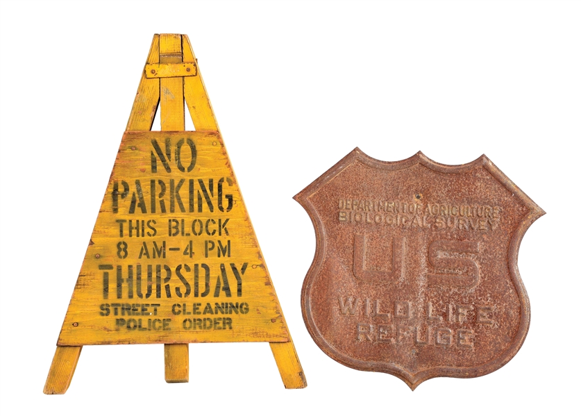 COLLECTION OF 2 WOOD "NO PARKING" EASEL-BACK SIGN & EMBOSSED TIN US WILD LIFE REFUGE SIGN.