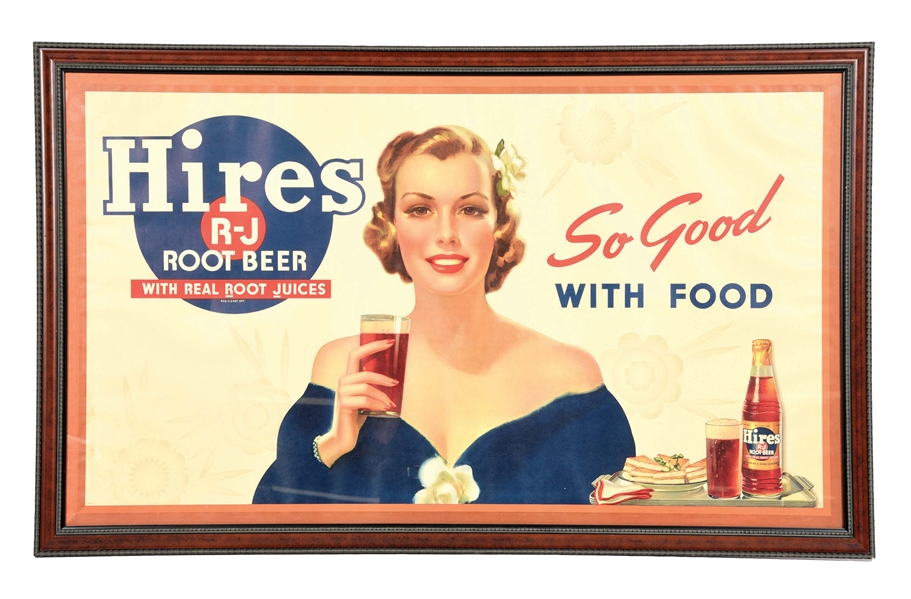 LARGE CARDBOARD HIRES ROOT BEER ADVERTISEMENT W/ WOMAN GRAPHIC.