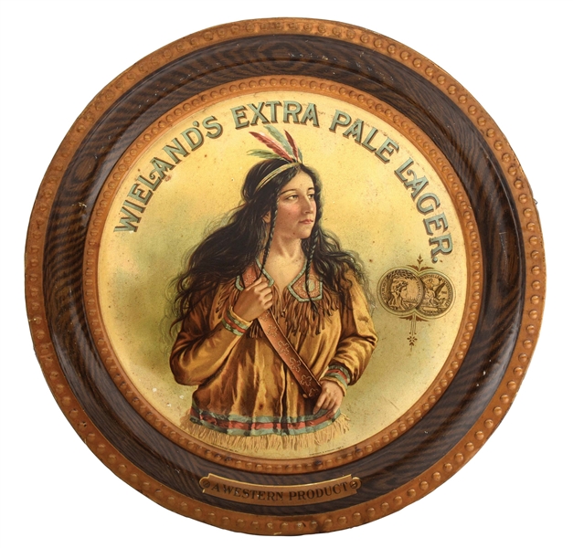 SELF-FRAMED TIN WIELANDS EXTRA PALE LAGER BEER SIGN W/ NATIVE AMERICAN GRAPHIC.