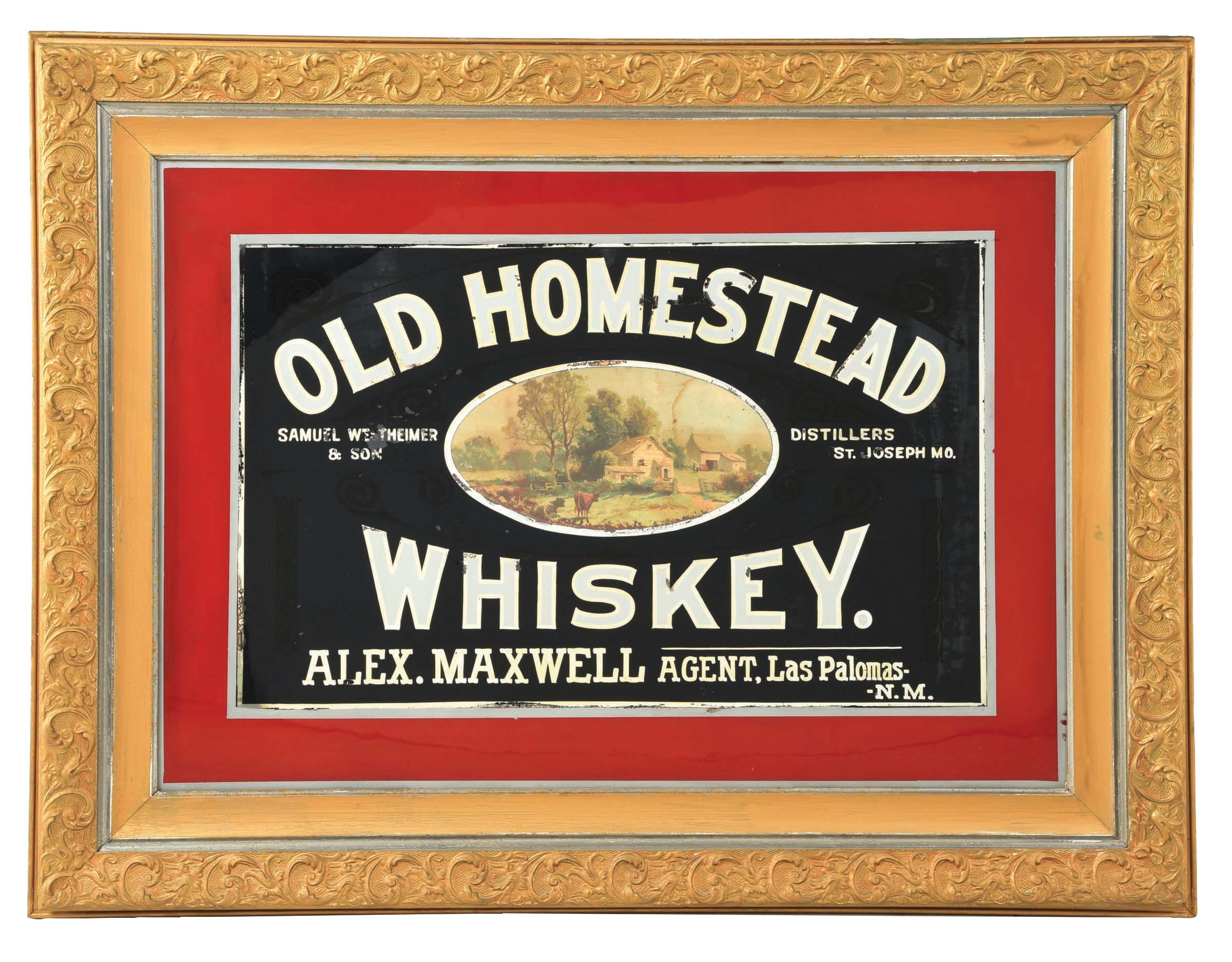 Lot Detail - FRAMED OLD HOMESTEAD WHISKEY REVERSE PAINTED GLASS ...