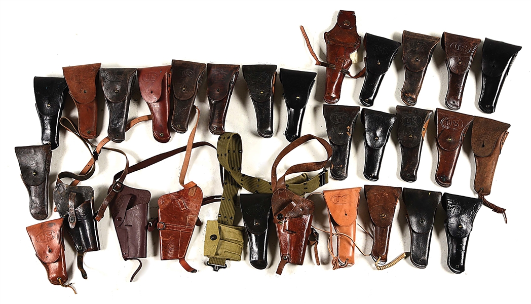 LARGE LOT OF US WWI-WWII M1916 HOLSTERS AND SHOULDER HOLSTERS.