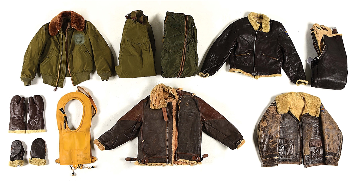 LARGE LOT OF WWII USAAF FLIGHT JACKETS AND FLIGHT GEAR.