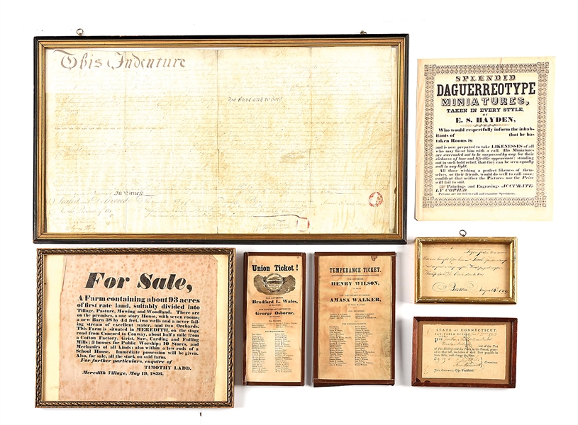 LOT OF 7: 18TH AND 19TH CENTURY DOCUMENTS AND EPHEMERA INCLUDING DAGUERREOTYPE ADVERTISEMENT.