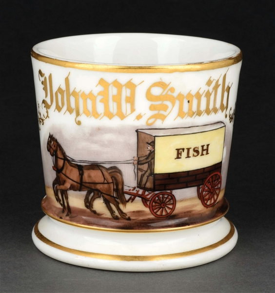 HORSE-DRAWN FISH DELIVERY TRUCK SHAVING MUG.