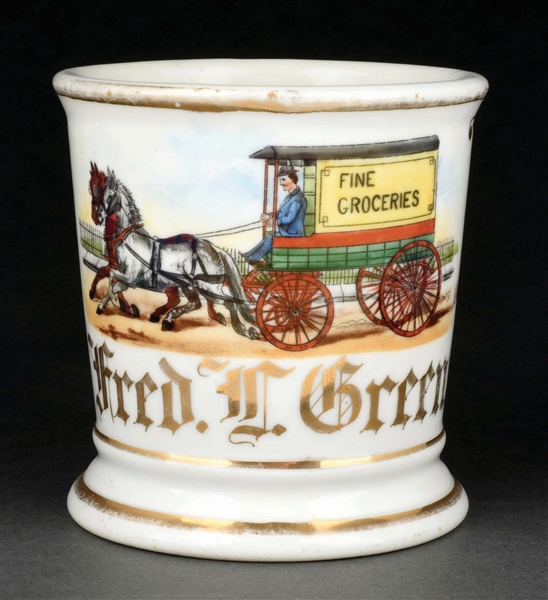 HORSE-DRAWN GROCERY DELIVERY TRUCK SHAVING MUG.