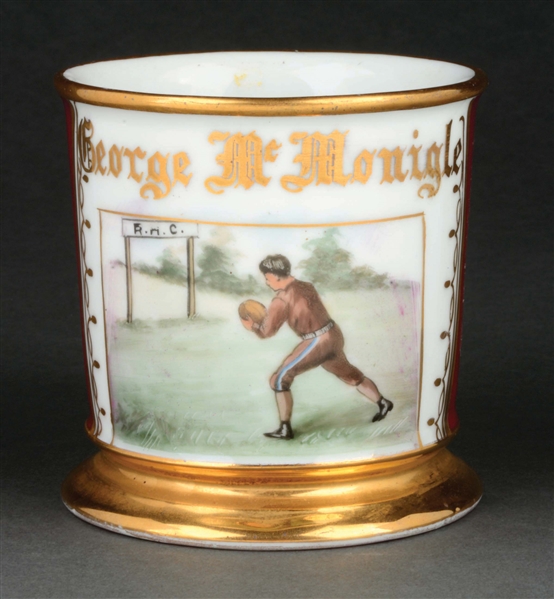 MAN PLAYING FOOTBALL SHAVING MUG.