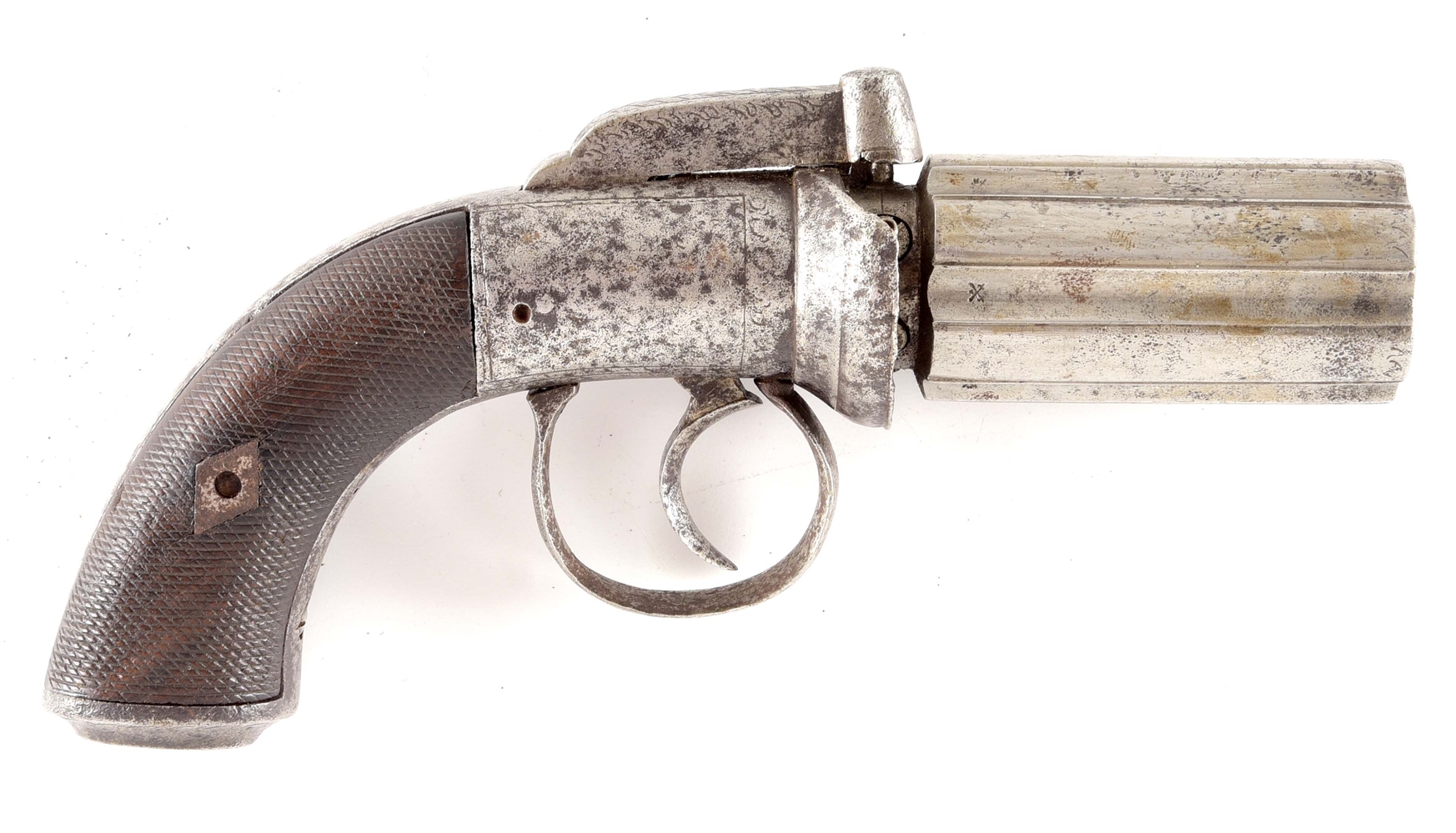 (A) BRITISH PROOFED PERCUSSION PEPPERBOX REVOLVER.
