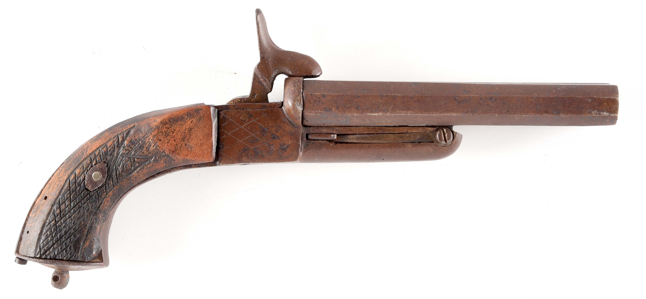 (A) UNMARKED DOUBLE BARREL PINFIRE PISTOL.