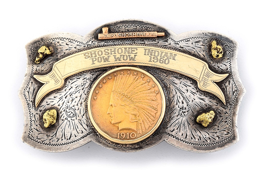 1960 SHOSHONE POW WOW BUCKLE WITH $10 GOLD PIECE