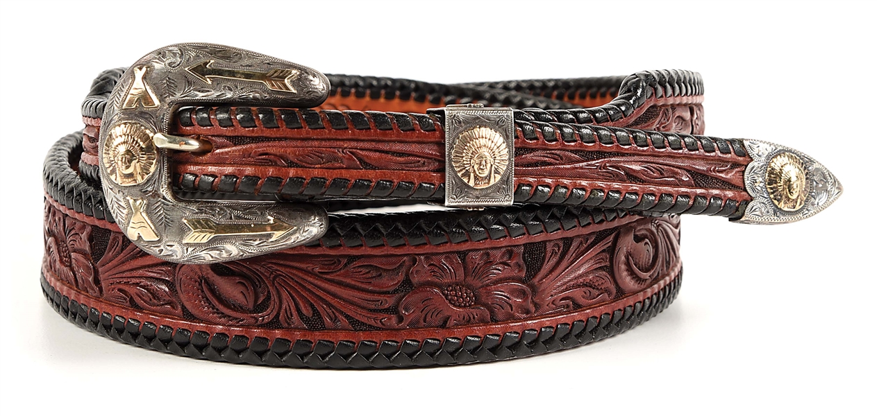HIGH NOON MARKED INDIAN THEME BUCKLE ON BELT PLUS COLLAR TIPS