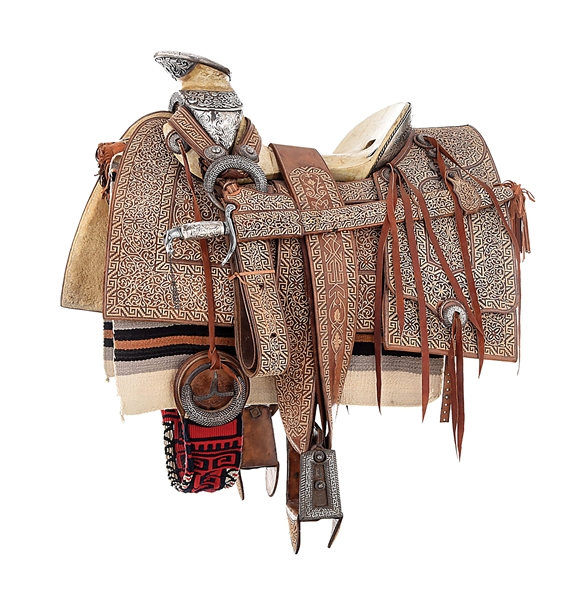 STUNNING MEXICAN SADDLE WITH MATCHING SWORD, SCABBARD, CINCH AND CHAPS