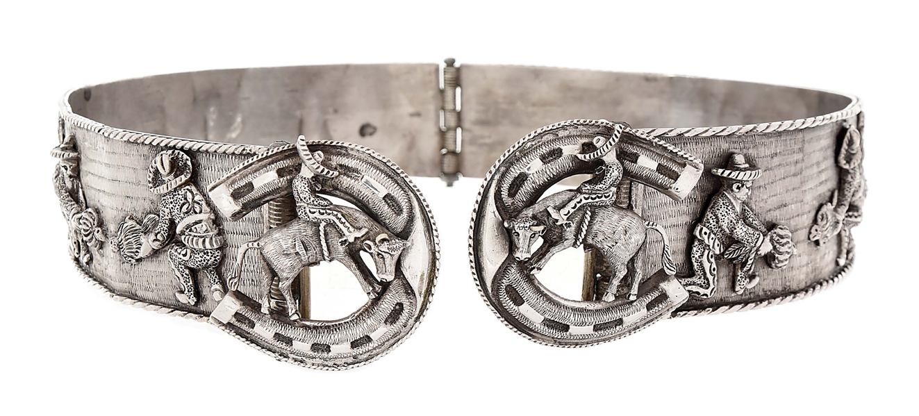 SOLID SILVER MEXICAN BELT WITH COCKFIGHTING & BULL RIDING THEMES