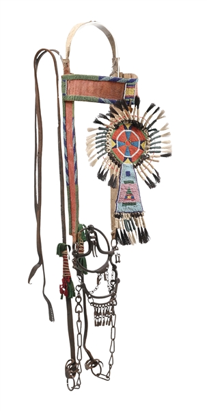 BEADED AND PARFLECHE CROW INDIAN BRIDLE