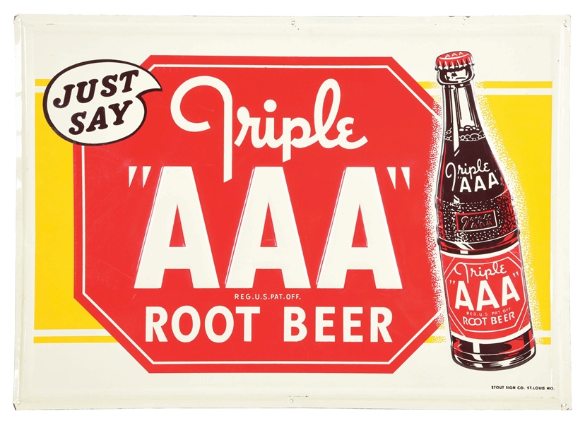 EMBOSSED TIN TRIPLE AAA ROOT BEER SIGN.