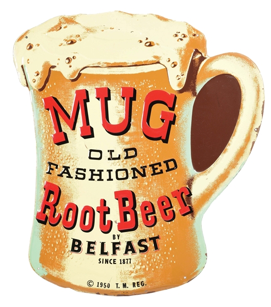 DIE-CUT TIN OLD FASHIONED ROOT BEER MUG SIGN.