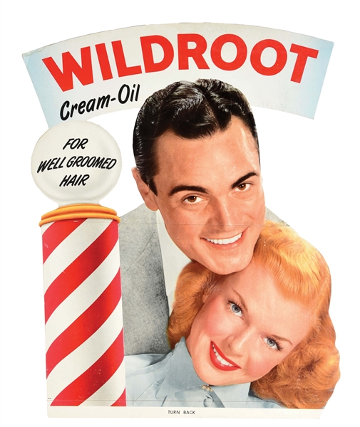 WILDROOT CREAM-OIL CARDBOARD LITHOGRAPHED EASEL-BACK DISPLAY W/ WELL-GROOMED MALE & FEMALE GRAPHIC.