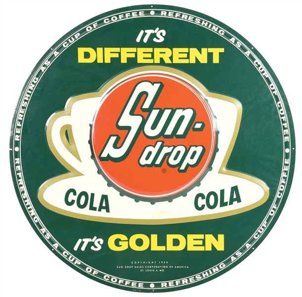 EMBOSSED TIN SUN-DROP GOLDEN COLA SIGN W/ COFFEE CUP GRAPHIC.