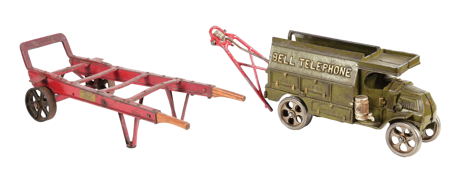 LOT OF 2: CAST IRON KIDS TOY AND SALESMAN SAMPLE HAND CART.