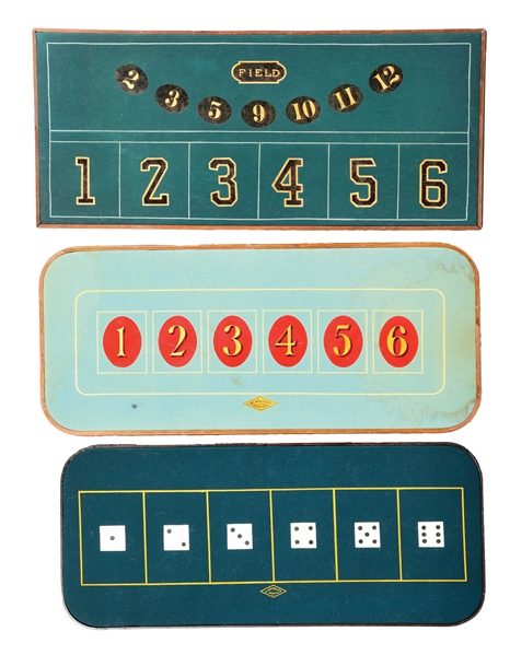 LOT OF 3: GAMBLING FELTS ON WOODEN BOARDS.