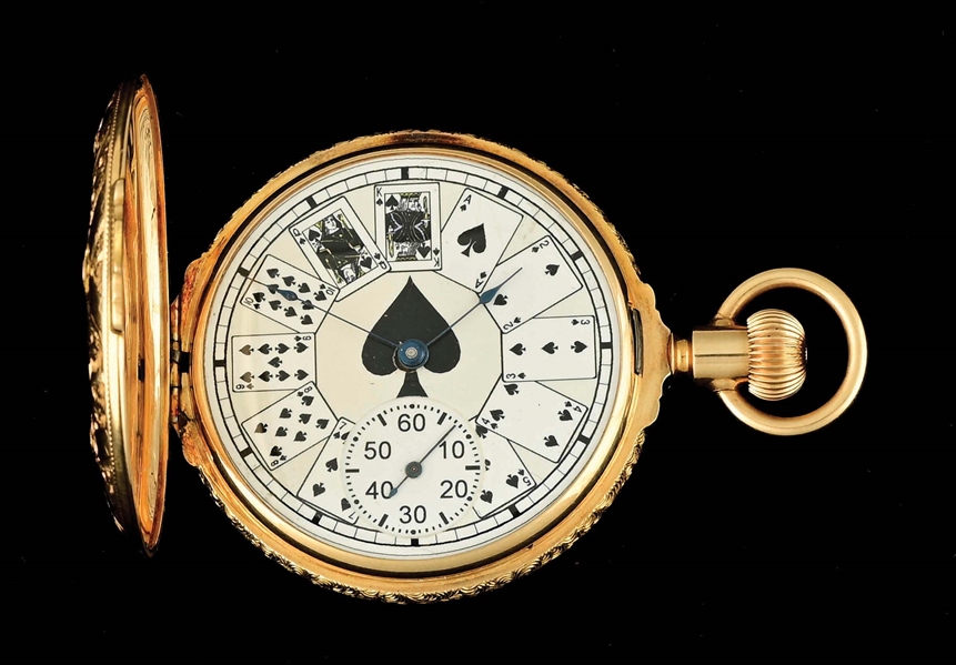 14K MULTICOLORED GOLD AMERICAN WALTHAM H/C POCKET WATCH W/ PLAYING CARD DIAL & STAG