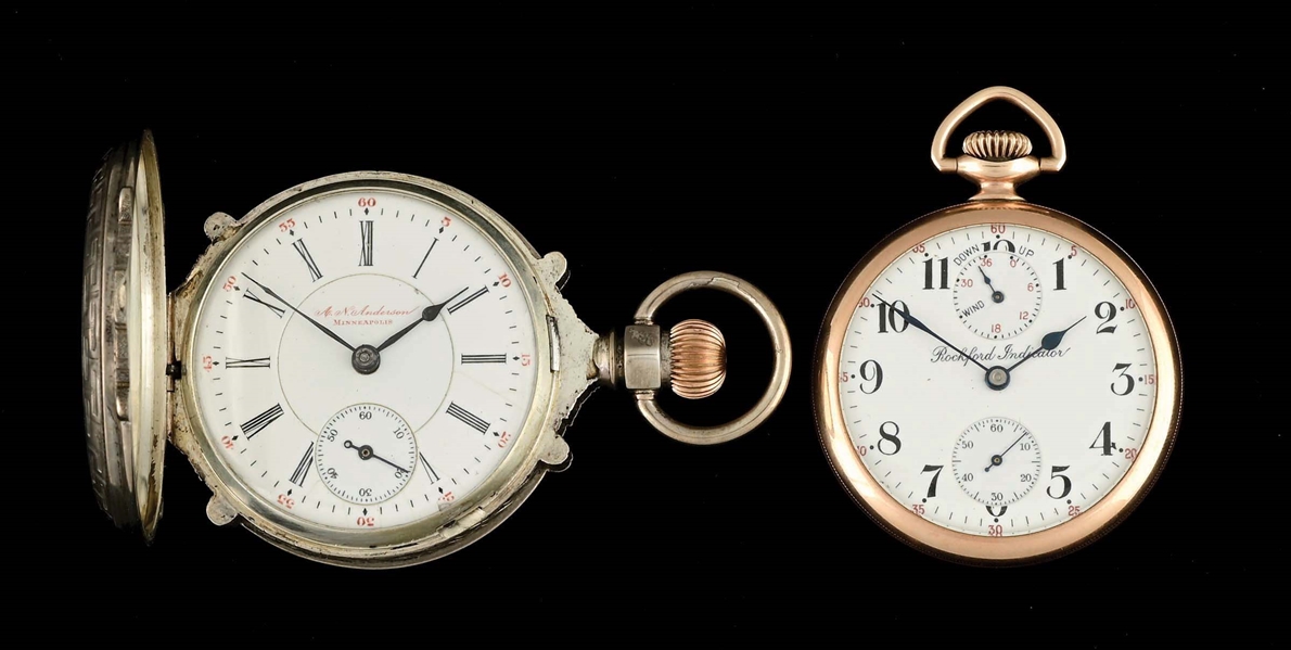 LOT OF 2 AMERICAN POCKET WATCHES: A.N. ANDERSON PRIVATE LABEL ILLINOIS AND ROCKFORD INDICATOR