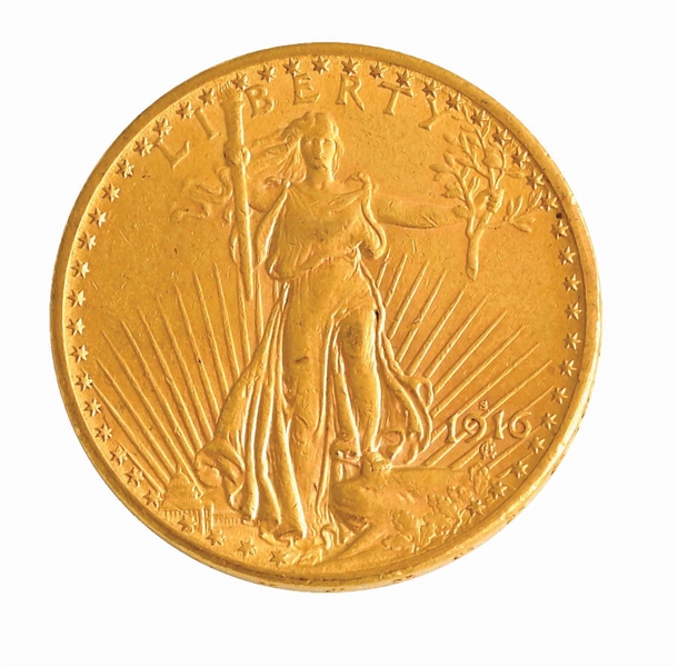1916 $20 ST. GAUDENS GOLD COIN, RAW AU+