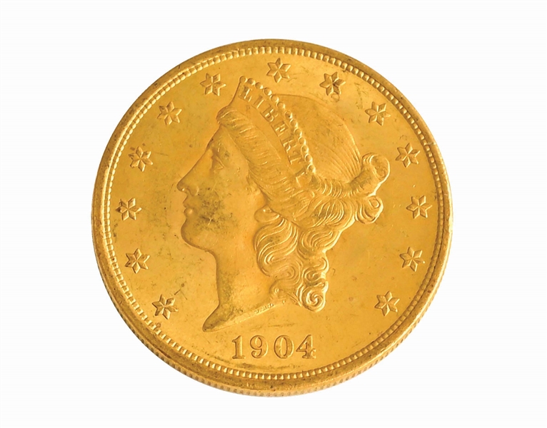 1904 $20 LIBERTY GOLD COIN, RAW MS 63+