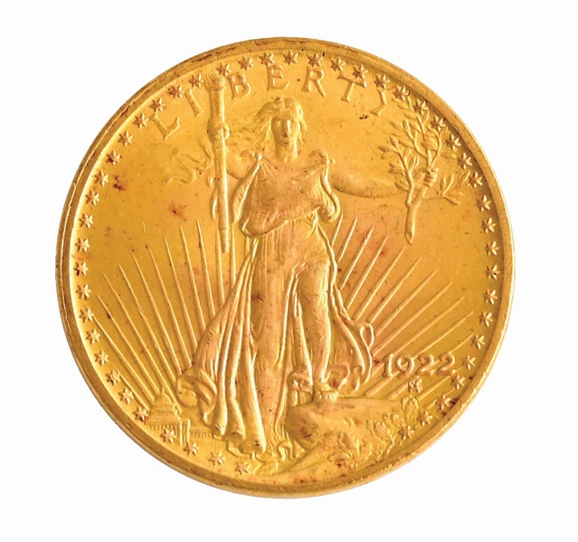 1922 $20 ST. GAUDENS GOLD COIN, RAW MS 62